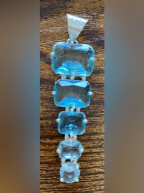 925 Sterling Silver Blue Topaz Linear Pendant Necklace - Blue